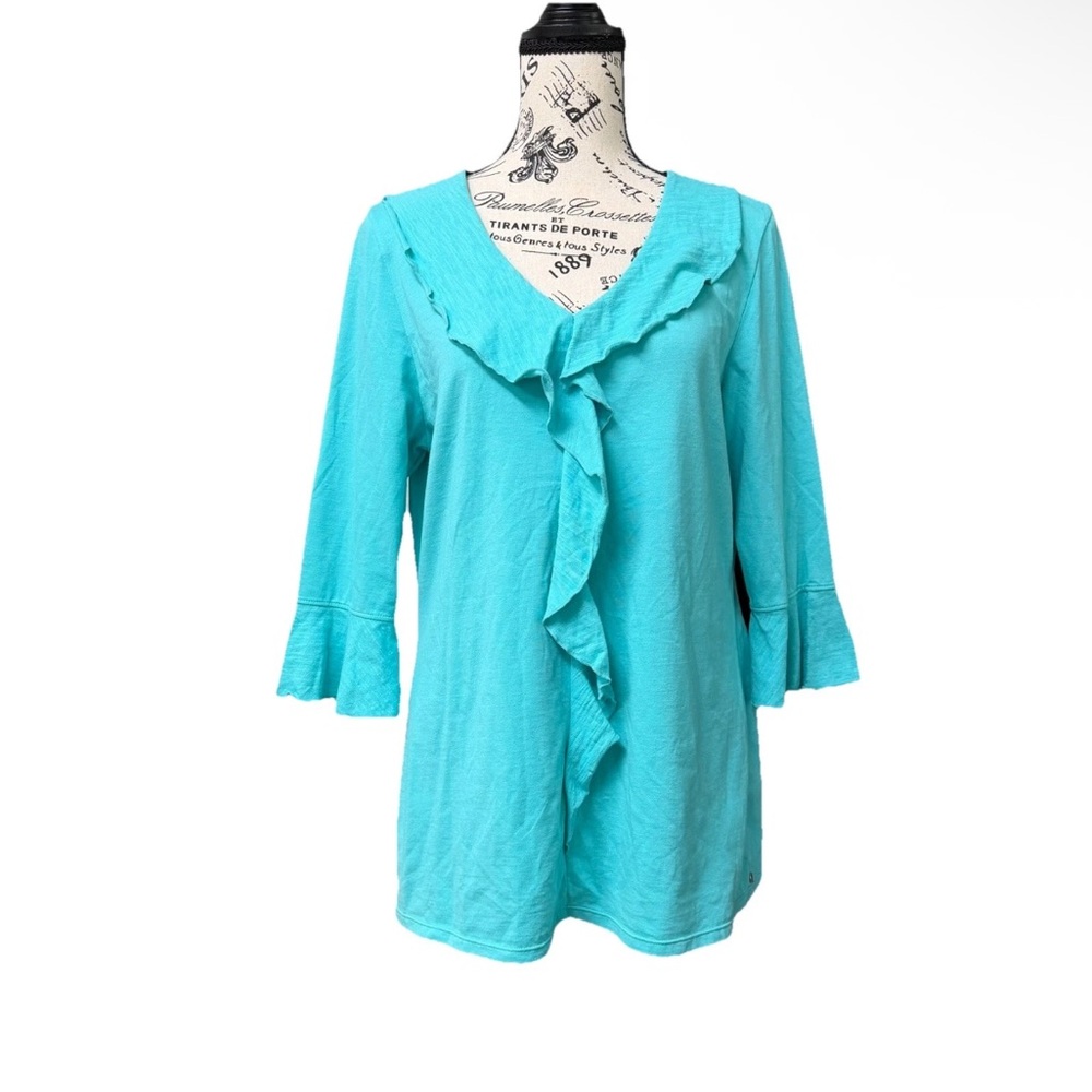 neon buddha Aqua Ruffle-Front 3/4 Sleeve Blouse